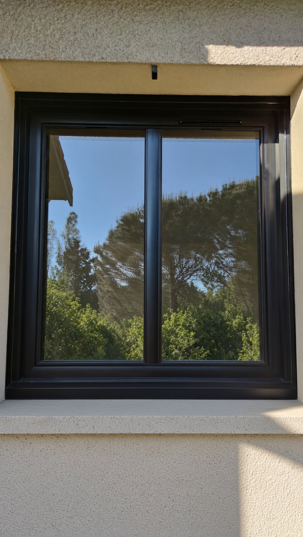 Fenêtre aluminium noir deux vantaux, façade claire