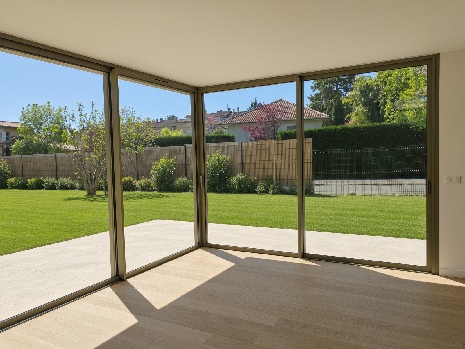 Baie d’angle aluminium, jardin au-delà
