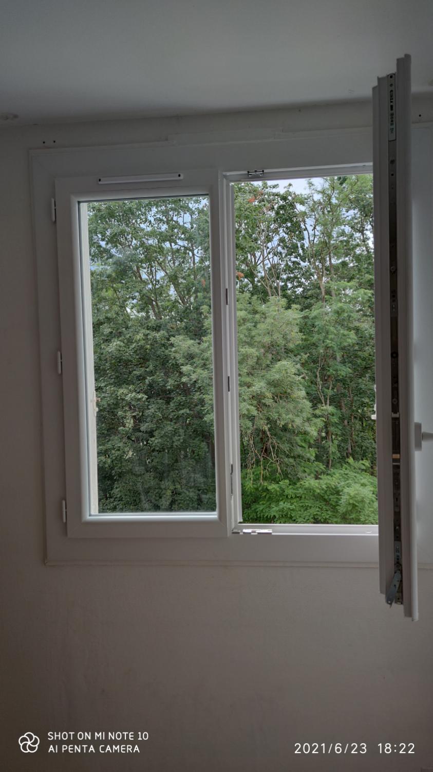 Fenêtre blanche ouverte sur des arbres